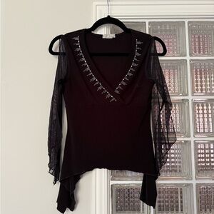 Chic Black V-Neck Blouse with Sheer Sleeves